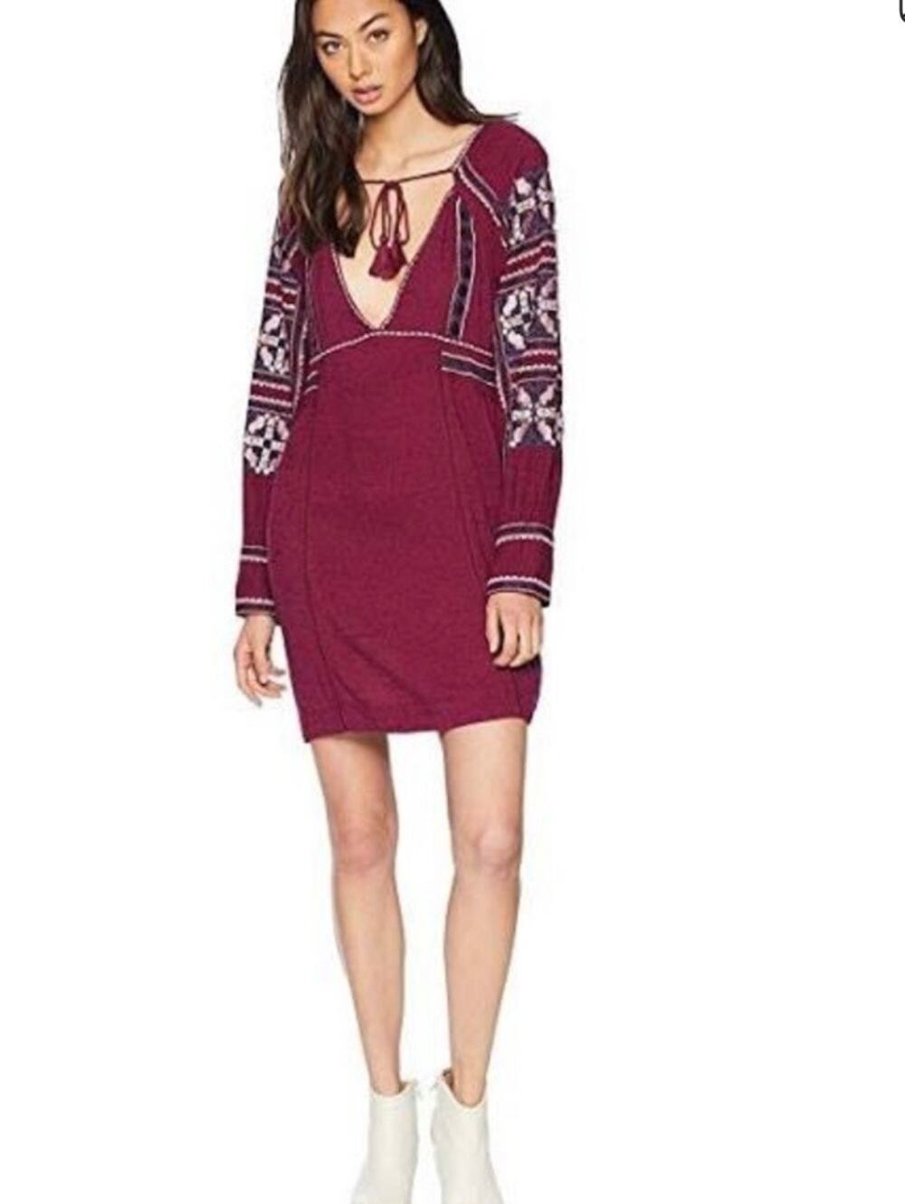Free People All My Life Embroidered Mini Dress Boho Burgundy Tassel Tunic Small